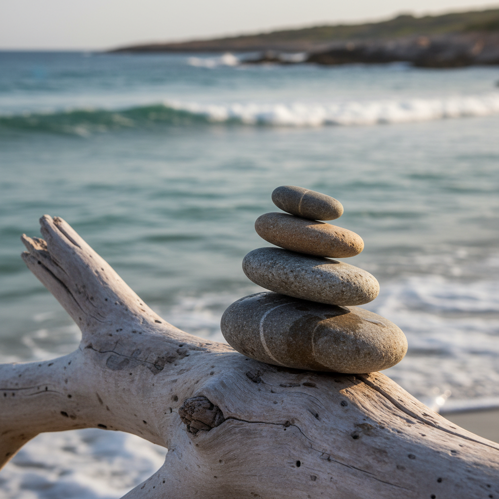 Pierre posée en équilibre sur d'autres pierres au bord d'un ruisseau en forêt, composition zen évoquant la stabilité et la concentration intérieure