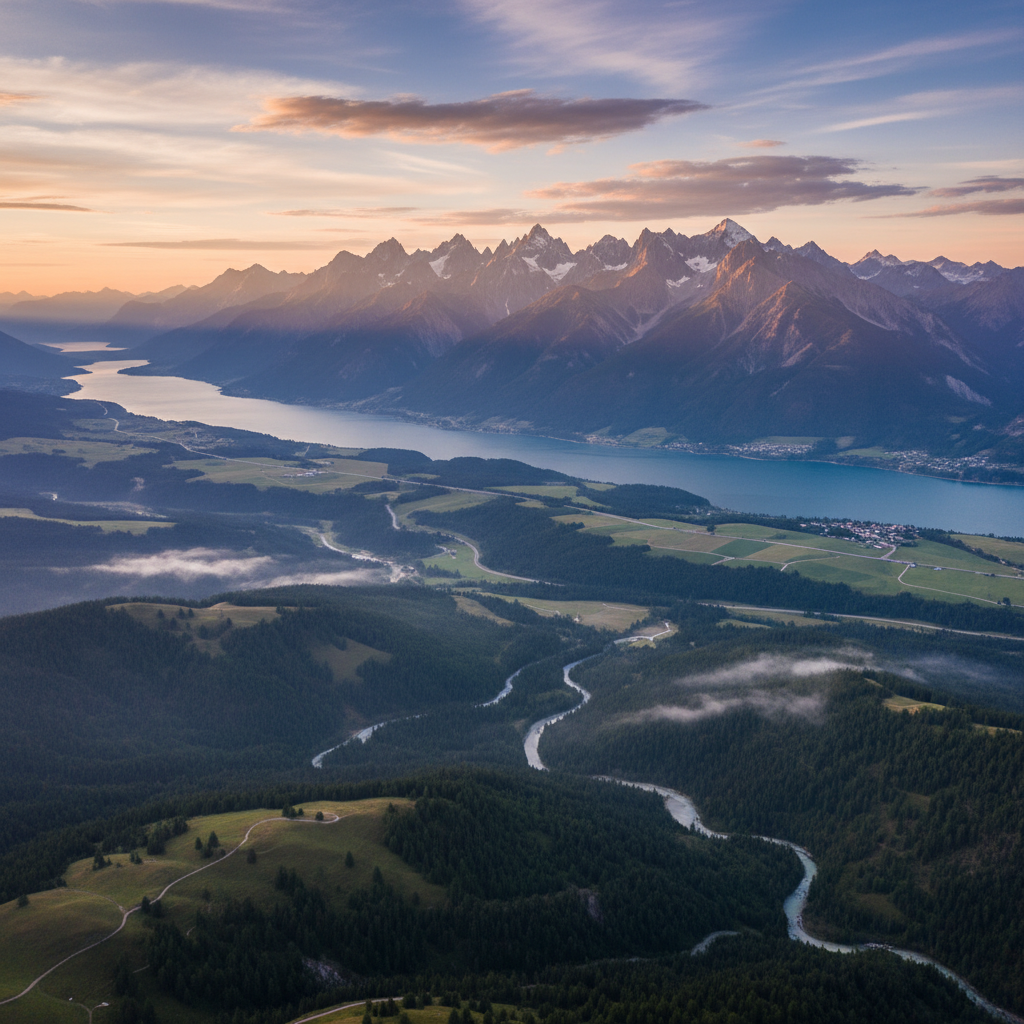 Vue panoramique d'un paysage montagneux suisse au lever du soleil, symbolisant l'équilibre entre l'homme et la nature