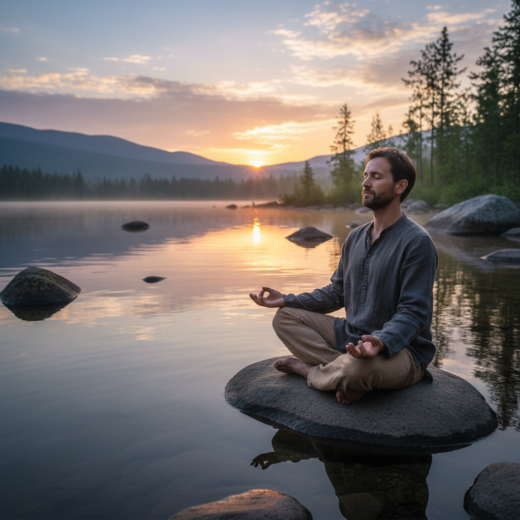 Homme assis en position de méditation au bord d'un lac suisse, entouré d'arbres et d'une lumière matinale douce