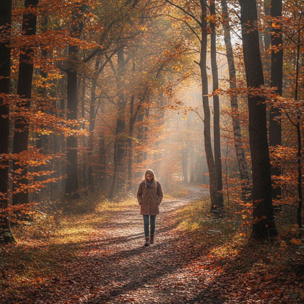 Personne marchant seule sur un sentier forestier en automne, lumière filtrée entre les arbres, symbolisant la réflexion intérieure